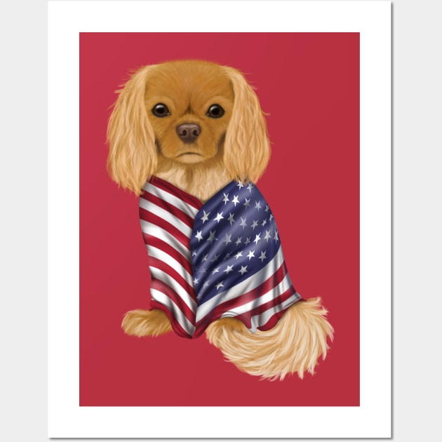 USA American Flag, Ruby Cavalier King Charles Spaniel Wall Art by Cavalier Gifts